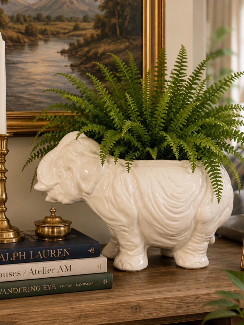 Vintage USA Pottery White Elephant Planter | Large Glossy Ceramic Cachepot | 12”